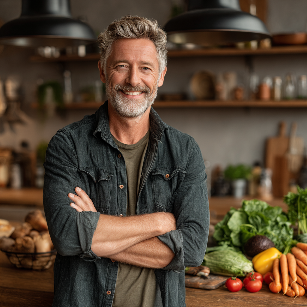 Confident middle-aged man around 50 years old in casual clothing standing in a bright kitchen with fresh ingredients displayed on counter, demonstrating healthy lifestyle choices and meal preparation