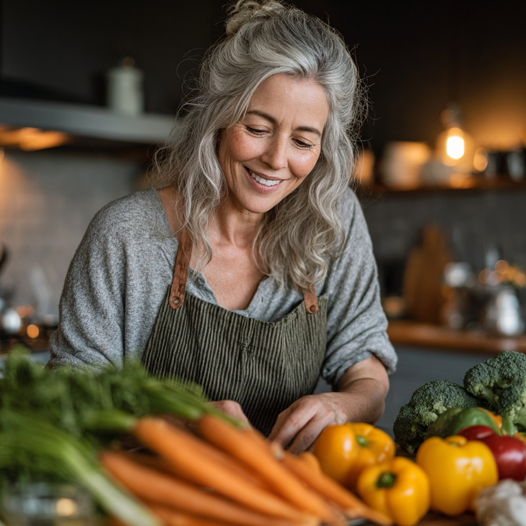 Happy mature woman in her late forties preparing fresh vegetables in a modern kitchen, smiling while organizing colorful produce for healthy meal planning