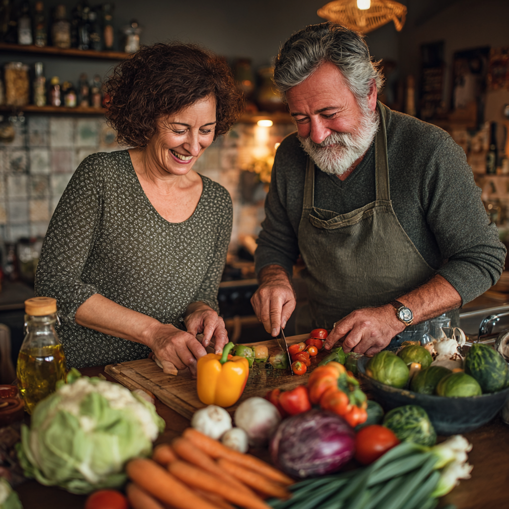Mature couple in their early fifties preparing a healthy meal together in their kitchen, both smiling and engaged in cooking with fresh vegetables and ingredients spread across the counter